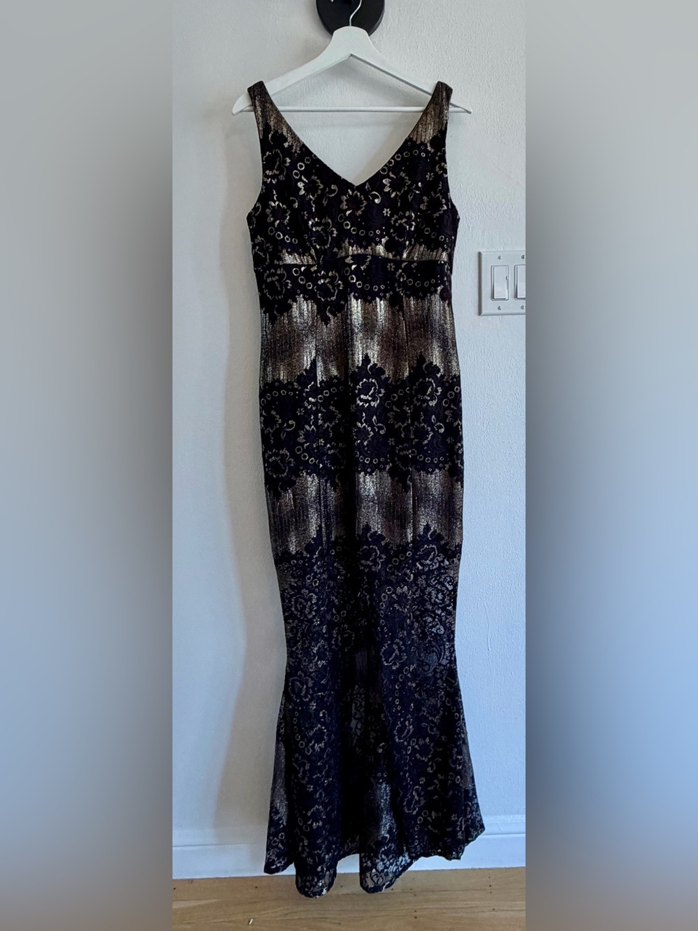 Frank Lyman Design Black and Gold Metallic Floral Maxi Dress
